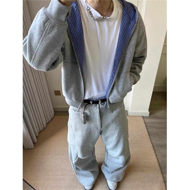 韩小众设计双色拼色连帽卫衣加厚外套简约休闲上衣,男装针织衫/毛衣,四季星座505