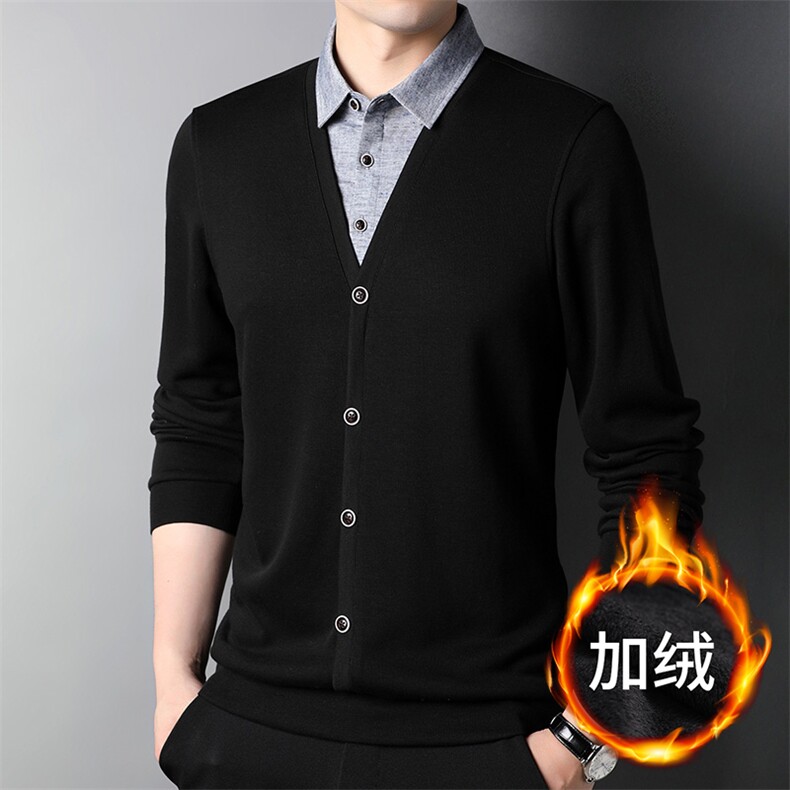 2023年秋冬季新款长袖套头上衣中年男士加绒保暖假两件针织打底衫，男装针织衫/毛衣，电商B212（原钱塘6029）