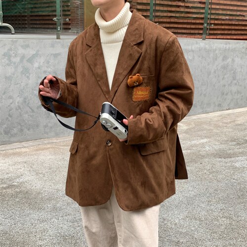 【2025秋冬】新款麂皮绒西服男小熊西装宽松韩版慵懒学院风外套,男装西服套装,星座112A