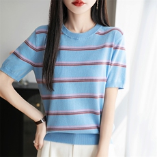 2025夏季新款圆领纯棉条纹针织短袖女宽松显瘦洋气休闲百搭上衣女，女装T恤，秋双羊绒