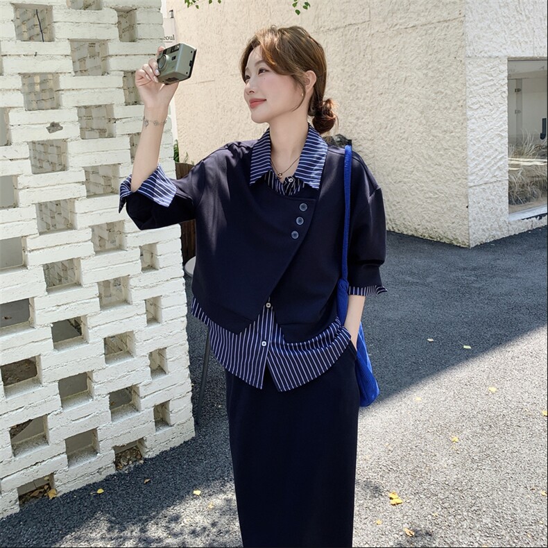 藏青色假两件条纹polo领卫衣女秋季2025新款休闲显瘦半身裙两件套图片