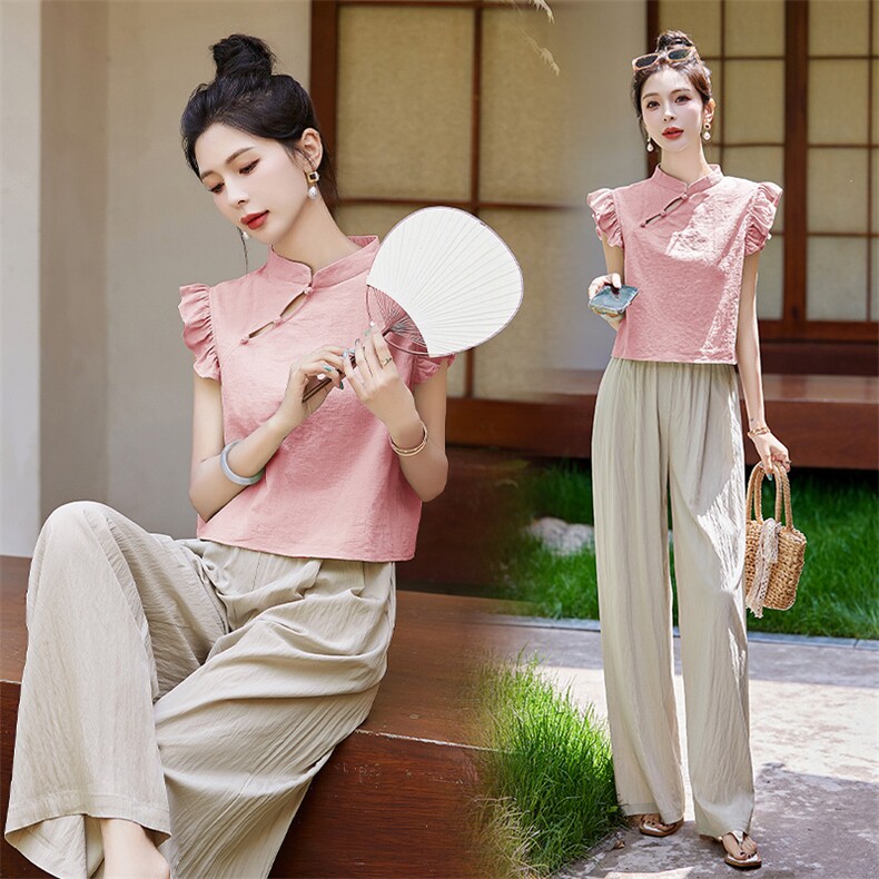 新中式时尚休闲套装女2025夏季新款高级感气质显瘦棉麻两件套，女装套装/套裙，关键词