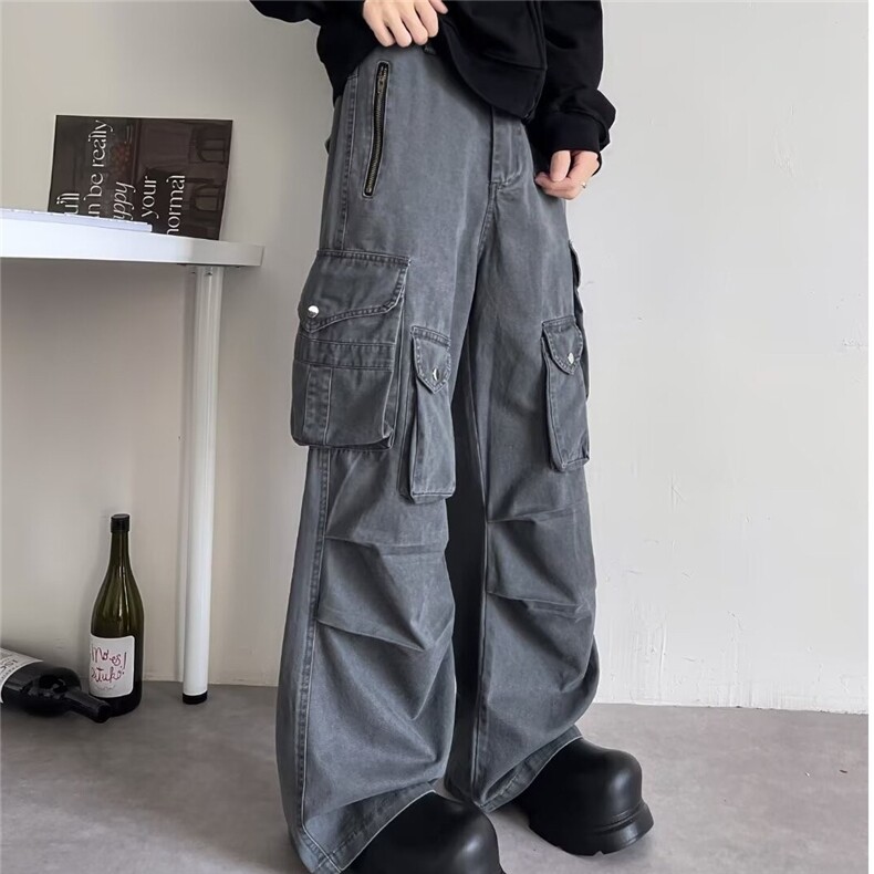 美式复古褶皱降落伞兵工装裤直筒宽松阔腿显瘦慵懒微喇裤子K1111,男装工装外套,星座601-2