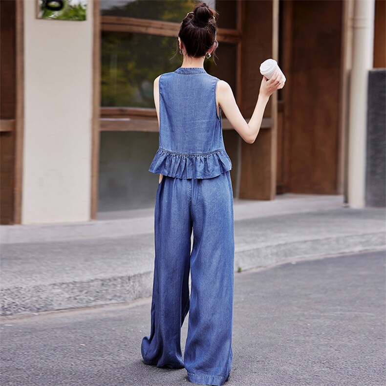 天丝牛仔时尚套装女2024年夏季新款国风无袖上衣拖地阔腿裤两件套,女装套装/套裙,依路服饰