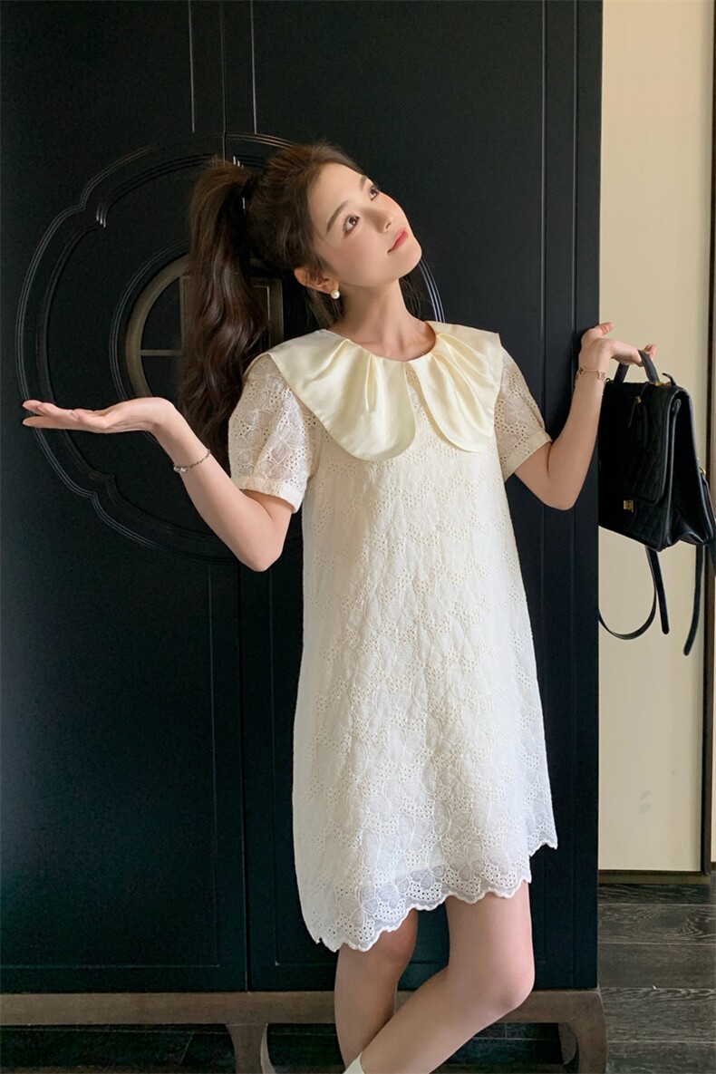 温柔风娃娃领小白裙女夏季新款蕾丝刺绣初恋甜美减龄小个子连衣裙,女装连衣裙,帛香坊