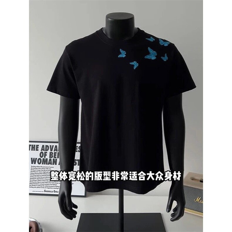 706-1-T354-P30特P重磅刺绣！现货蓝色蝴蝶刺绣短袖T恤,男装T恤,星座706-1