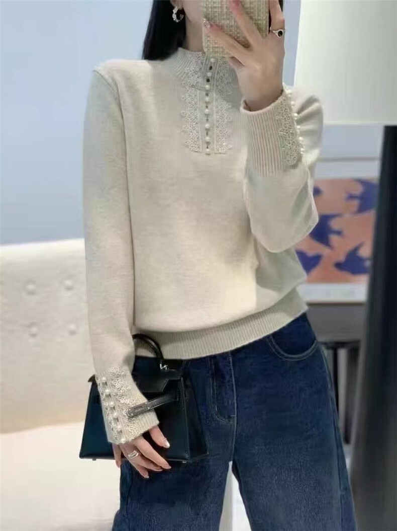 2025年秋季时尚百搭休闲钉珠蕾丝半高套头，女装针织衫/毛衣，暖烁特种纱工厂店