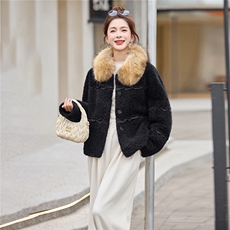 真貉子毛翻领皮毛一体木耳边拼接羊羔毛加厚外套，女装皮草，采品优优