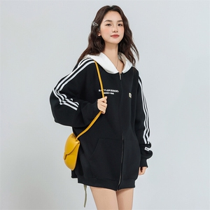 A486-P85  春秋新款拼接三条杠连帽卫衣男女拉链棒球服夹克外套图片