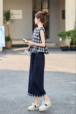 韩里韩气穿搭套装女2025夏新款休闲减龄格子无袖牛仔阔腿裤一整套，女装套装/套裙，艾尚靓装