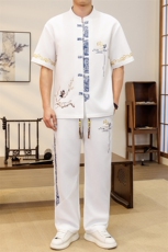 潮风套装男新中式短袖衬衫时尚休闲长裤两件套JZ303-P63，男装T恤，星座310B-3