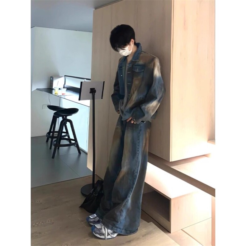 美式短款牛仔外套男高级感痞帅设计感水洗做旧脏染垫肩牛仔衣夹克,男装工装外套,星座908-1