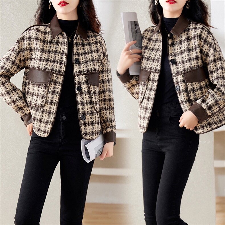 小香风短外套2024年秋季新款气质千鸟格小个子上衣设计感休闲外套,女装短外套,拾衣
