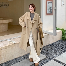 黄色立领双面羊绒大衣女秋冬高级感2025新款气质长款收腰毛呢外套，女装毛呢外套，欧黛芙妮