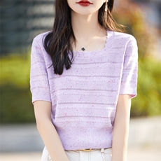 超好看~花纱针织方领短袖上衣女2024夏新款法式短款减龄显瘦T恤衫，女装T恤，菲奥羊绒