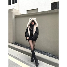 美式复古麂皮毛领座山雕外套女冬季新款设计感猫耳朵夹棉加厚棉衣，男装棉衣，电商A102