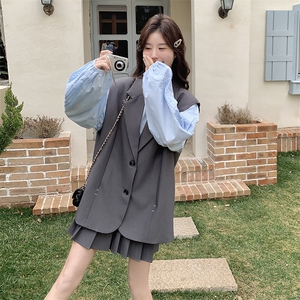 韩系设计感西装马甲套装裙女2025春新款独特漂亮衬衫百褶裙三件套图片