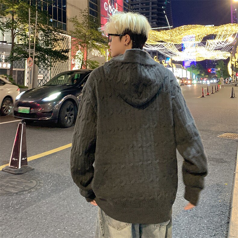 高质量牛角扣连帽麻花针织衫宽松毛衣情侣外套XZ212-1-QMY038-P78,男装针织衫/毛衣,星座212-1