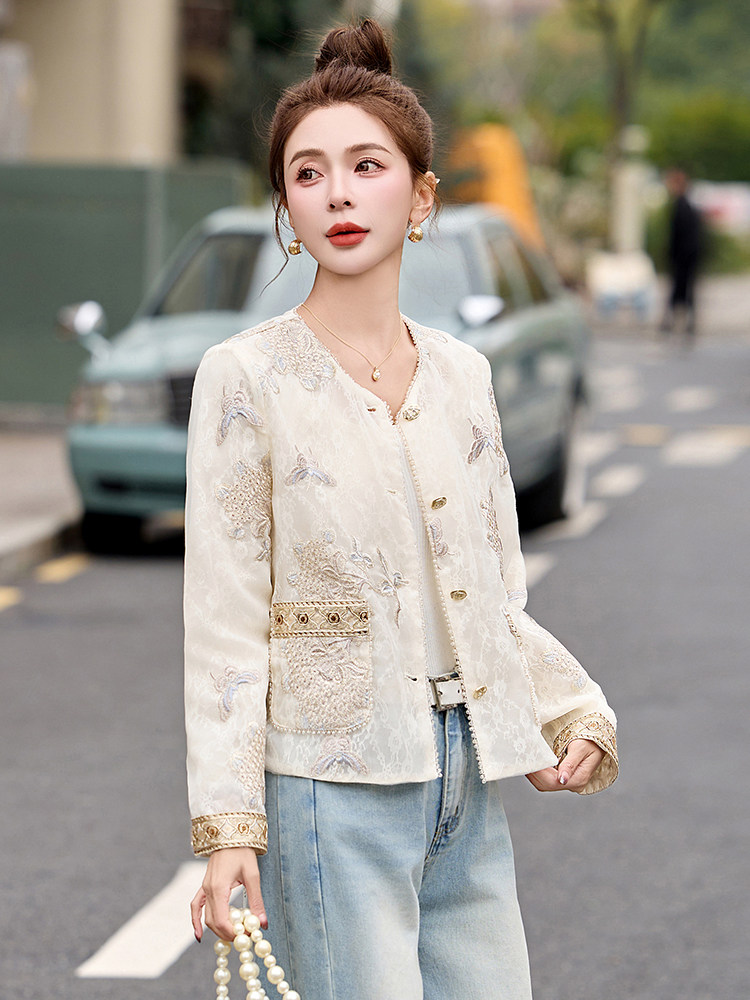 闺舍2025春季新款女装新中式国风缎面外套高级感禅意圆领印花上衣,女装防晒衣,妙形