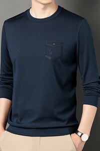 2023年春秋季新款中年男士圆领长袖薄款上衣时尚潮流印花上衣图片