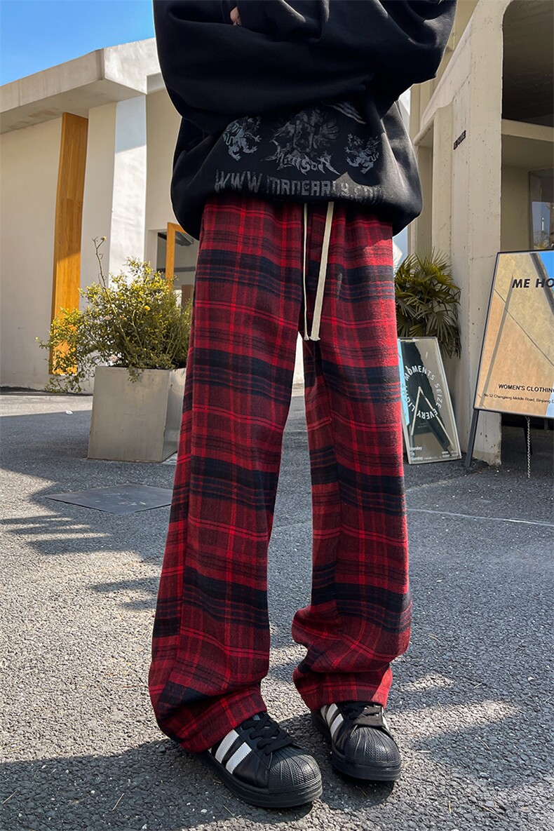 8XL-M毛呢复古格子裤宽松休闲加绒慵懒风直筒阔腿裤K9118P60控78,男装休闲裤,电商D206-1