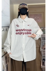 宽松百搭叠穿印花压皱条纹衬衫外套男女C2216-P47【特价】，男装衬衫，电商A007