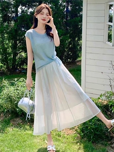 针织网纱半身裙女2026年夏季新款温柔慵懒风小个子韩版短袖两件套图片