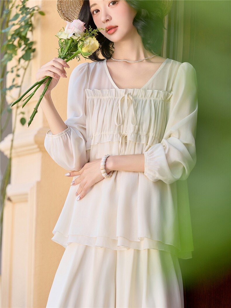 超仙时尚雪纺套装女2026春夏新款半透减龄长袖防晒阔腿裙裤两件套,女装套装/套裙,水衣源