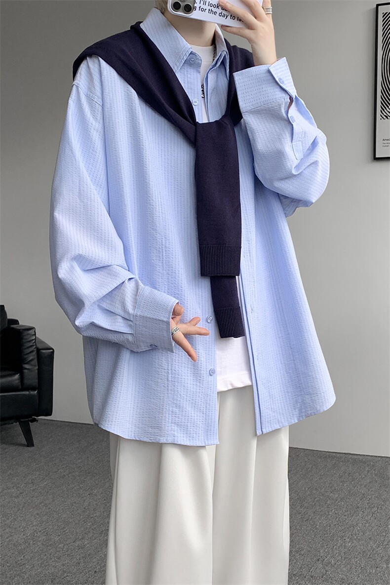 送针织披肩蓝条纹长袖衬衫男设计感小众宽松廓形衬衣CS536P75,男装衬衫,电商D206-1