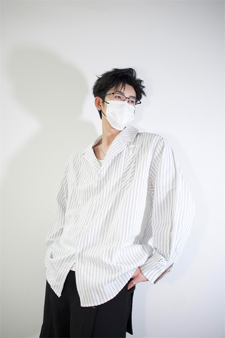 明星私服撕漫男衬衫外套学院风男大竖条纹衬衫翻领外套P45,男装衬衫,电商B319