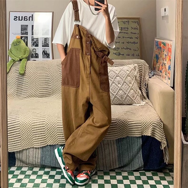 棕咖色美式工装背带裤男夏季潮牌古着vintage裤子日系复古连体衣,男装休闲裤,星座412