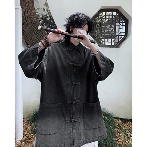 新中式水洗牛仔短袖衬衫男夏季日系风衬衣外套男女S9866-p65图片