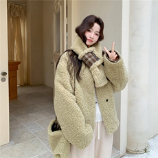 现货！格子复合羊羔毛牛油果绿皮毛一体2C056-7105-P205控308，女装毛呢外套，2C056