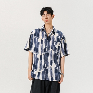 1冰丝扎染面料 聚酯纤维M-5XL大码短袖衬衫男DCS78033P35控58图片
