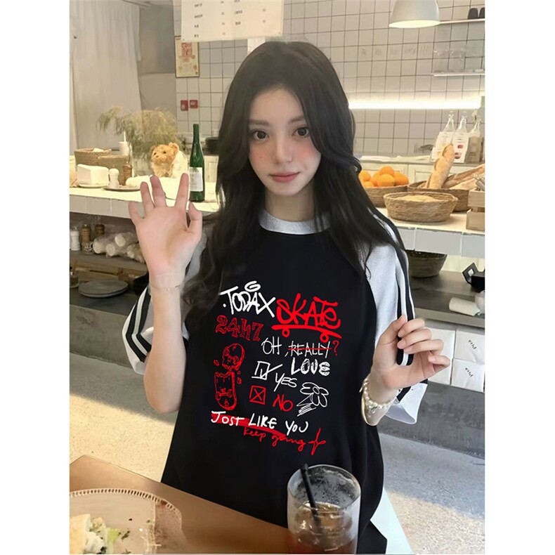 抖音得物品质二开240克宽松纯棉美式潮牌插肩三杠织带短袖T恤图片