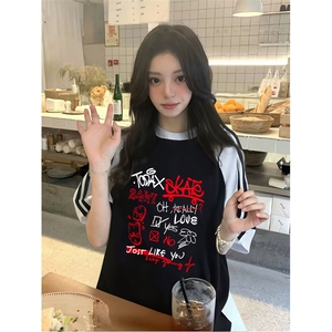 抖音得物品质二开240克宽松纯棉美式潮牌插肩三杠织带短袖T恤图片