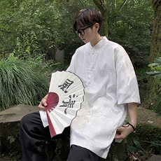 新中式盘扣风唐装短袖衬衫男潮牌夏季宽松休闲衬衣C04521-P40，男装衬衫，星座308B-1