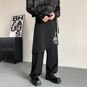 山本暗黑系假二件百搭设计款刺绣裙裤绑带个性宽松直筒裤男女情侣图片