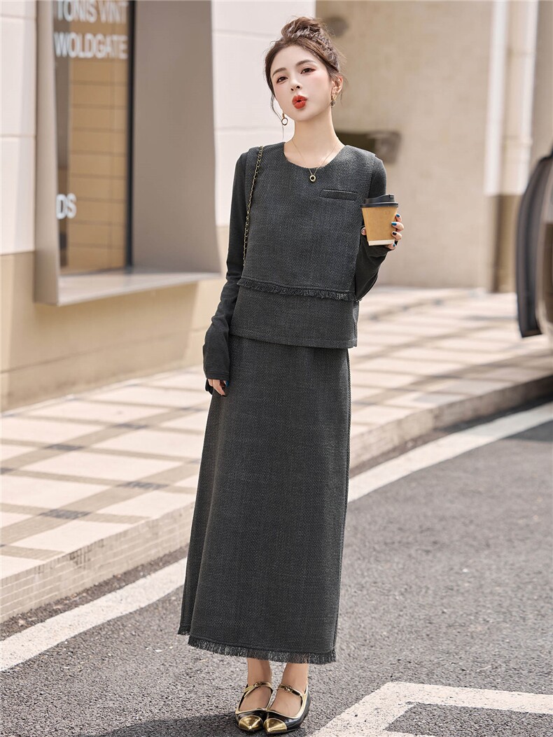 灰色休闲时尚套装裙女2025秋季新款法式今年流行马甲半身裙两件套,女装套装/套裙,丽影随形