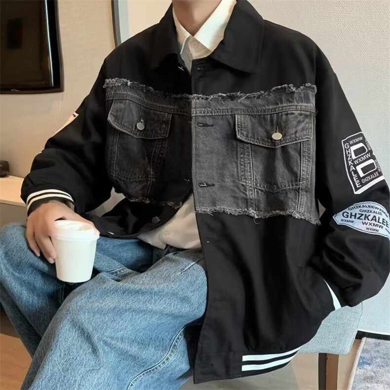 美式复古港风牛仔拼接夹克外套男宽松高街vibe风高级潮牌X333/P65,男装夹克,星座506