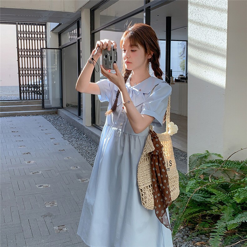减龄娃娃领蓝色连衣裙女夏2025新款韩系chic别致穿搭气质感学院风,女装连衣裙,2C261