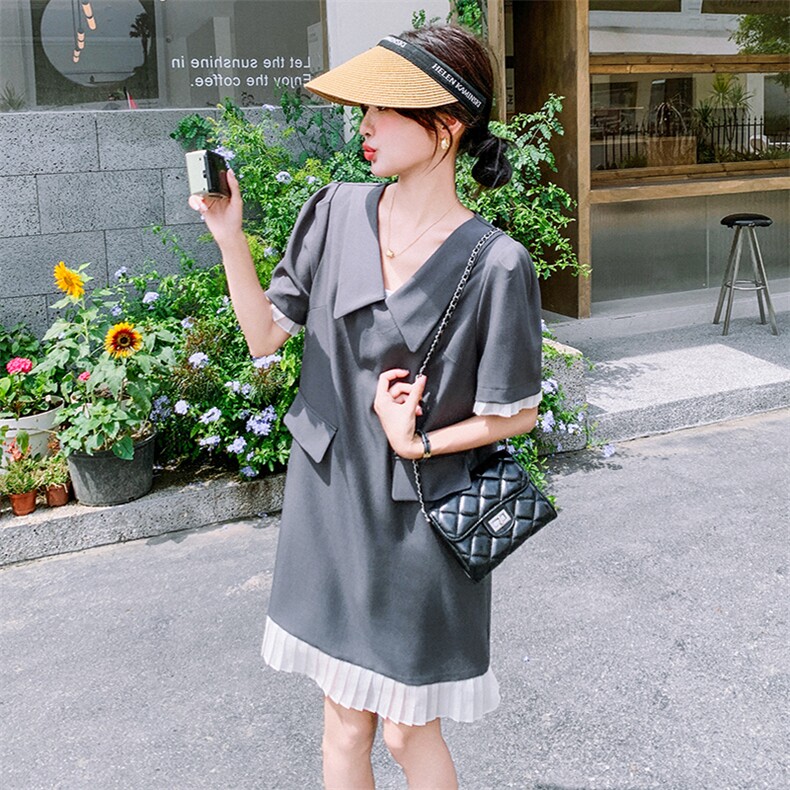 独特漂亮灰色西装连衣裙女夏2025年新款休闲减龄松弛感娃娃领裙子,女装连衣裙,2D078