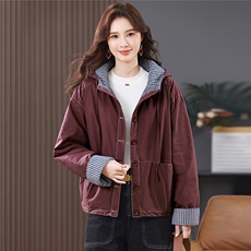 2025年冬季新款条纹拼接连帽棉服加厚保暖外套，女装棉衣/棉服，忆绮罗