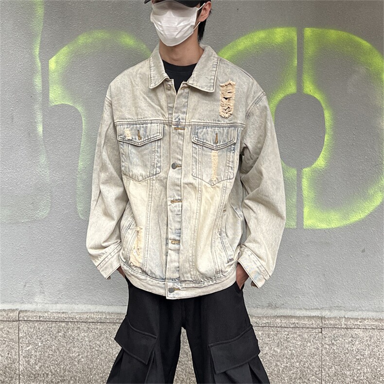 水洗做旧牛仔夹克外套男春秋季潮流破洞美式复古痞帅休闲JKN1223图片