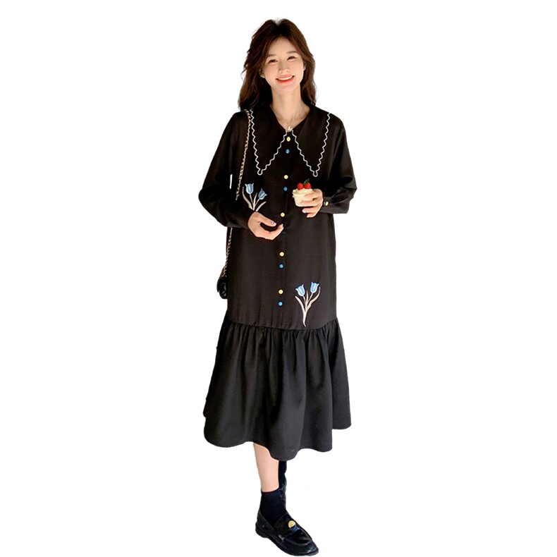 学院风娃娃领黑色连衣裙女春秋2025新款超火好看高级小众鱼尾长裙,女装连衣裙,2C283