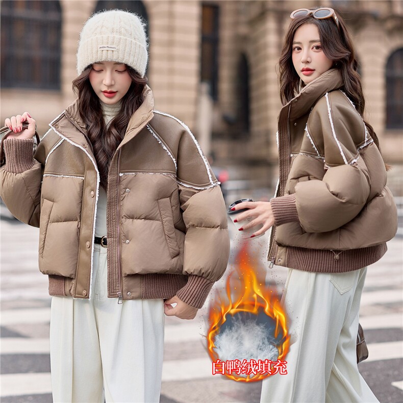 【bao款大货已出】2025冬装新款PU皮拼接立领保暖羽绒服90%白鸭绒,女装羽绒服,雅静靓衣