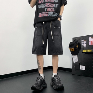 夏季新款松紧腰短裤男款拉链设计感工装牛仔薄款短裤图片
