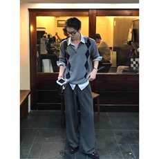 菱格双色Polo高智感Miu系提花长袖软糯正肩版型上衣特P，男装卫衣，星座715-4