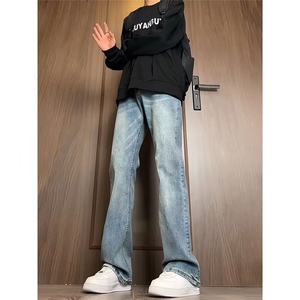 牛仔裤男款痞帅潮流裤修身窄版直筒裤美式高街vibe微喇裤S005/P52图片