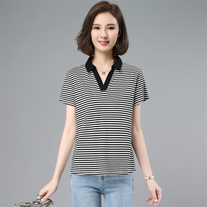 刺绣polo衫短袖t恤女士夏季2026年新款大码宽松翻领条纹半袖上衣,女装T恤,板酷